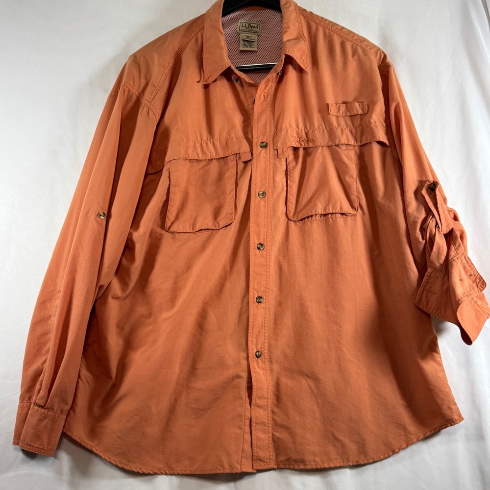 L.L. Bean Fishing Shirt Mens XL Orange Long Sleeve Vented Outdoor Nylon Blend‎